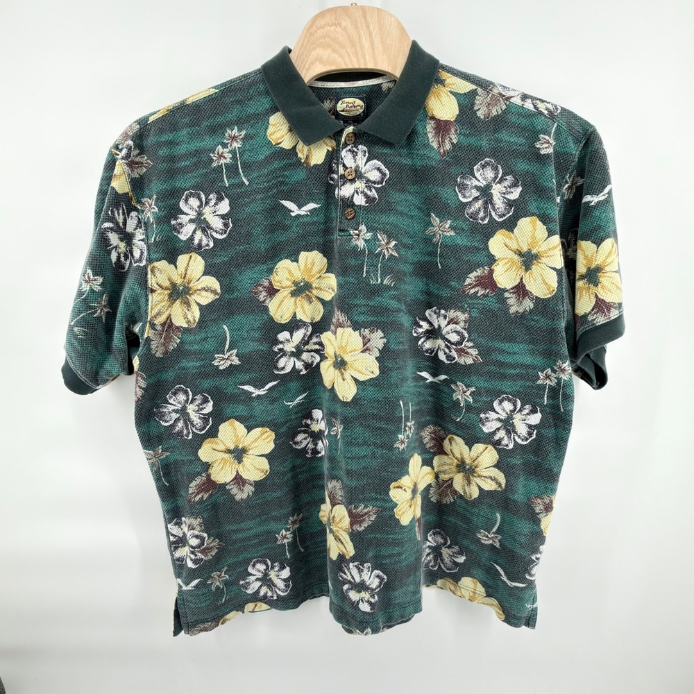 Tommy Bahama Vintage 90s Polo Shirt Mens XXL Green Floral Cotton Hawaiian AOP